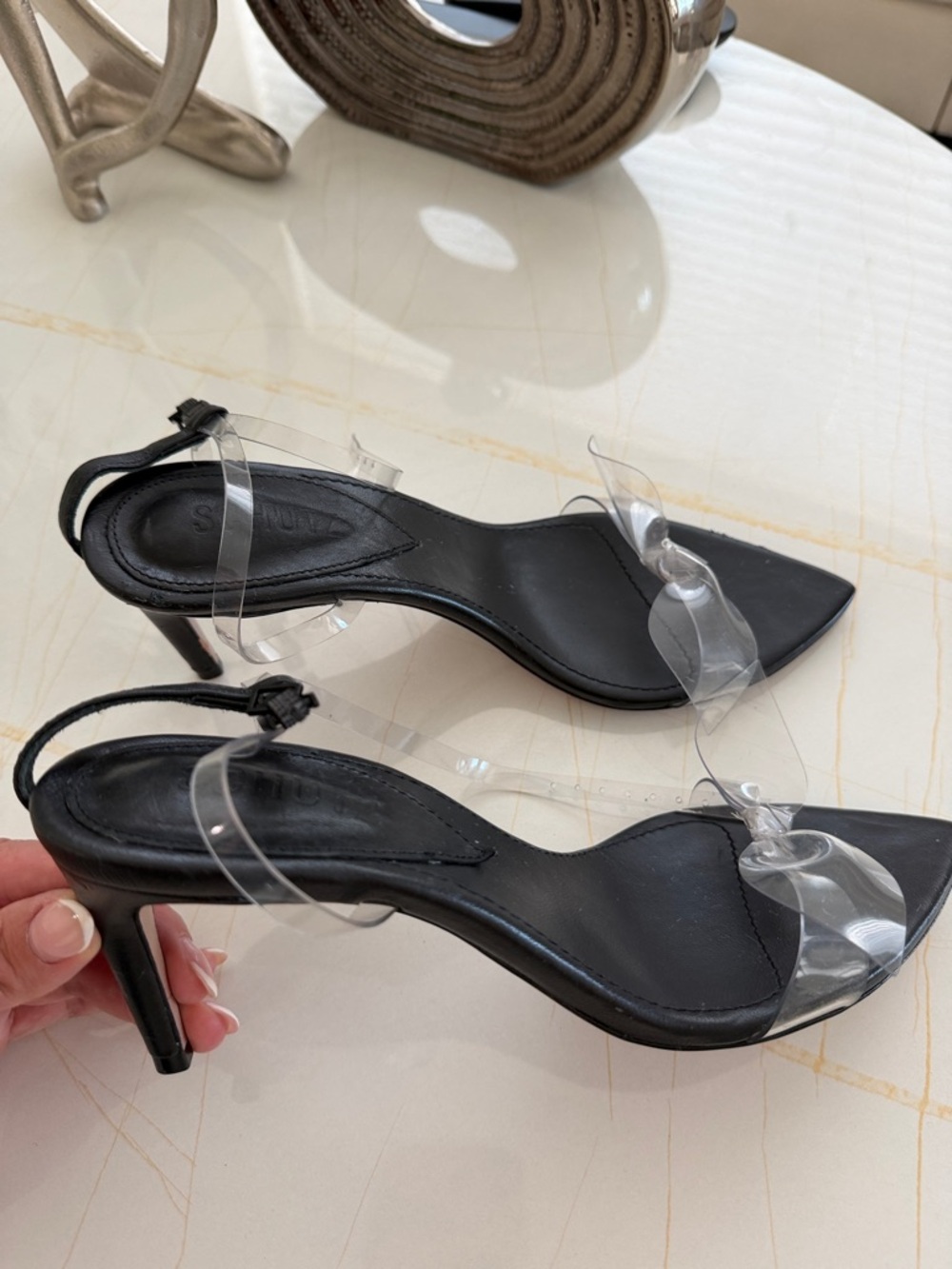 SCHUTZ Black Leather Heels with Clear PVC Bow Straps